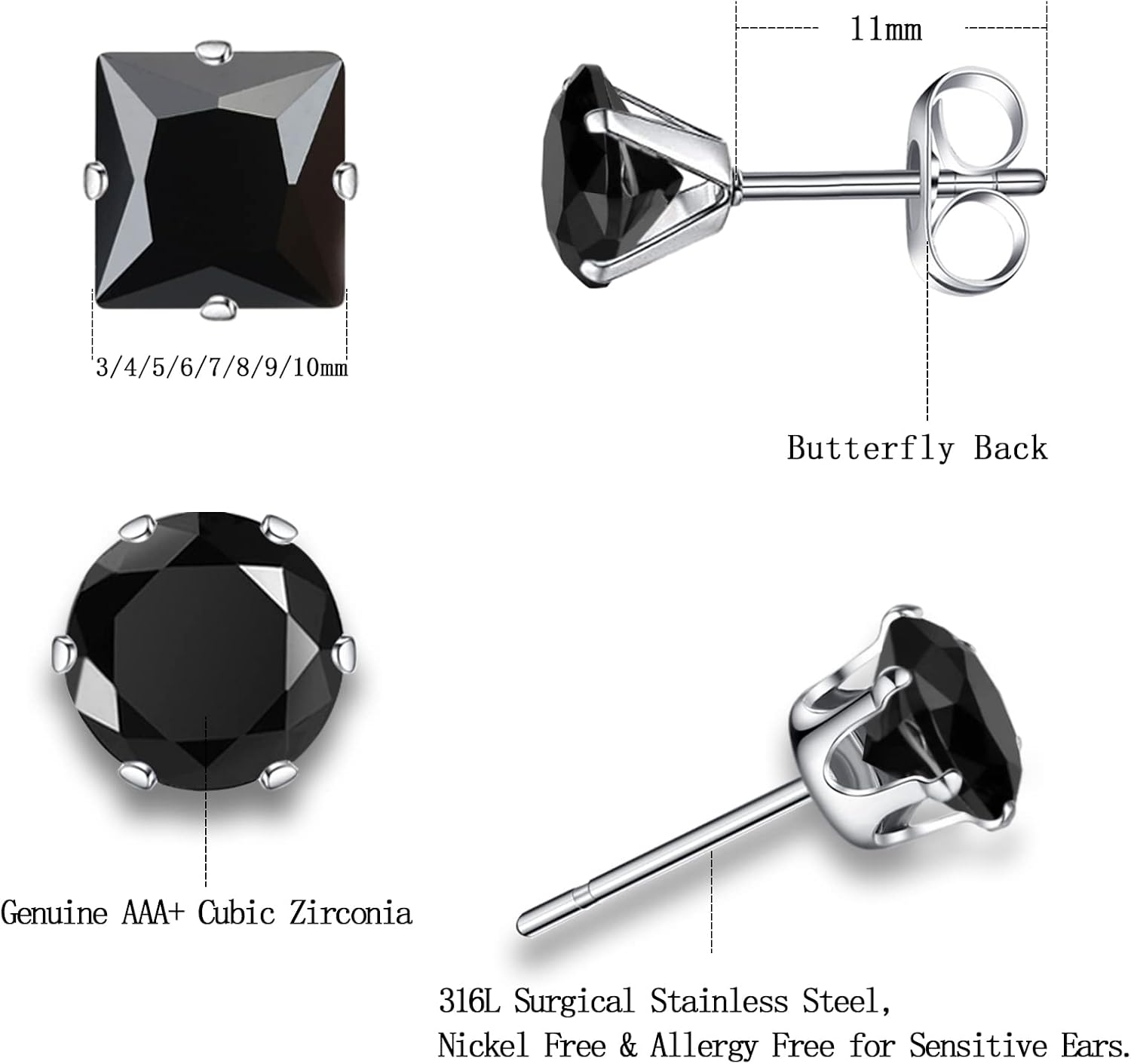 NEWITIN 16 Pairs Screw Back Earrings for Women Hypoallergenic Earring Surgical Steel Stud Earring Flat Back Cubic Zirconia Opal Moonstone Small Stud Earrings for Women