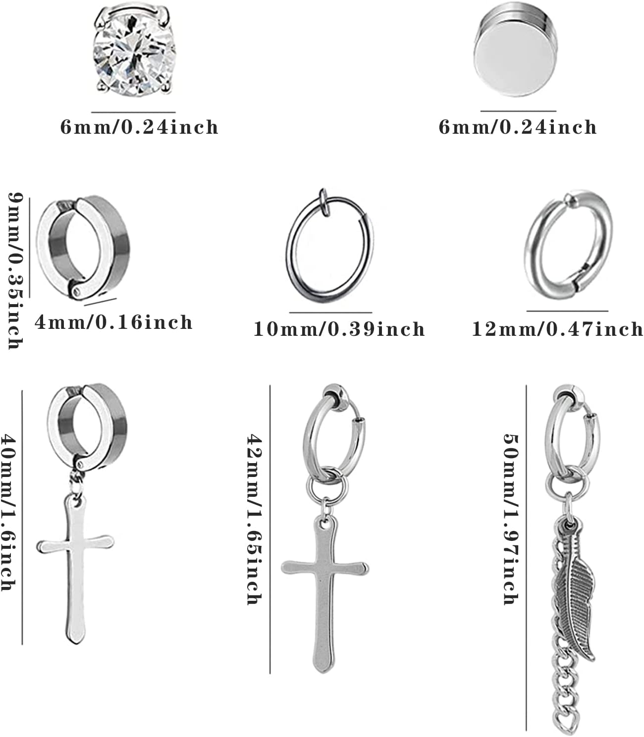 NEWITIN 15 Pairs Magnetic Stud Earrings for Men Clip on Earrings Stainless Steel Magnet Earring Unisex Dangle Cross CZ Hoop Magnetic Stud Earring Set for Men Women