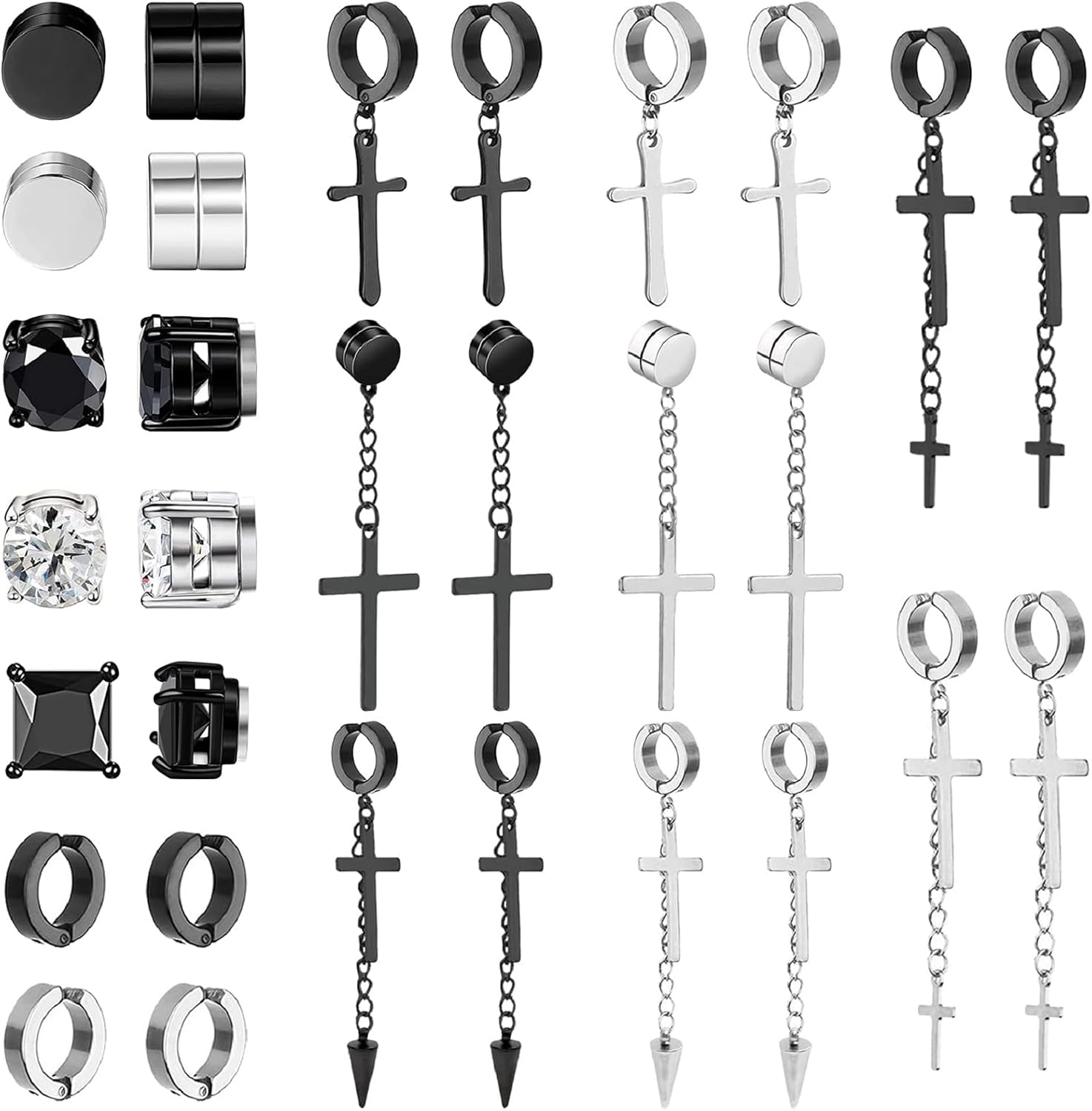 NEWITIN 15 Pairs Magnetic Stud Earrings for Men Clip on Earrings Stainless Steel Magnet Earring Unisex Dangle Cross CZ Hoop Magnetic Stud Earring Set for Men Women