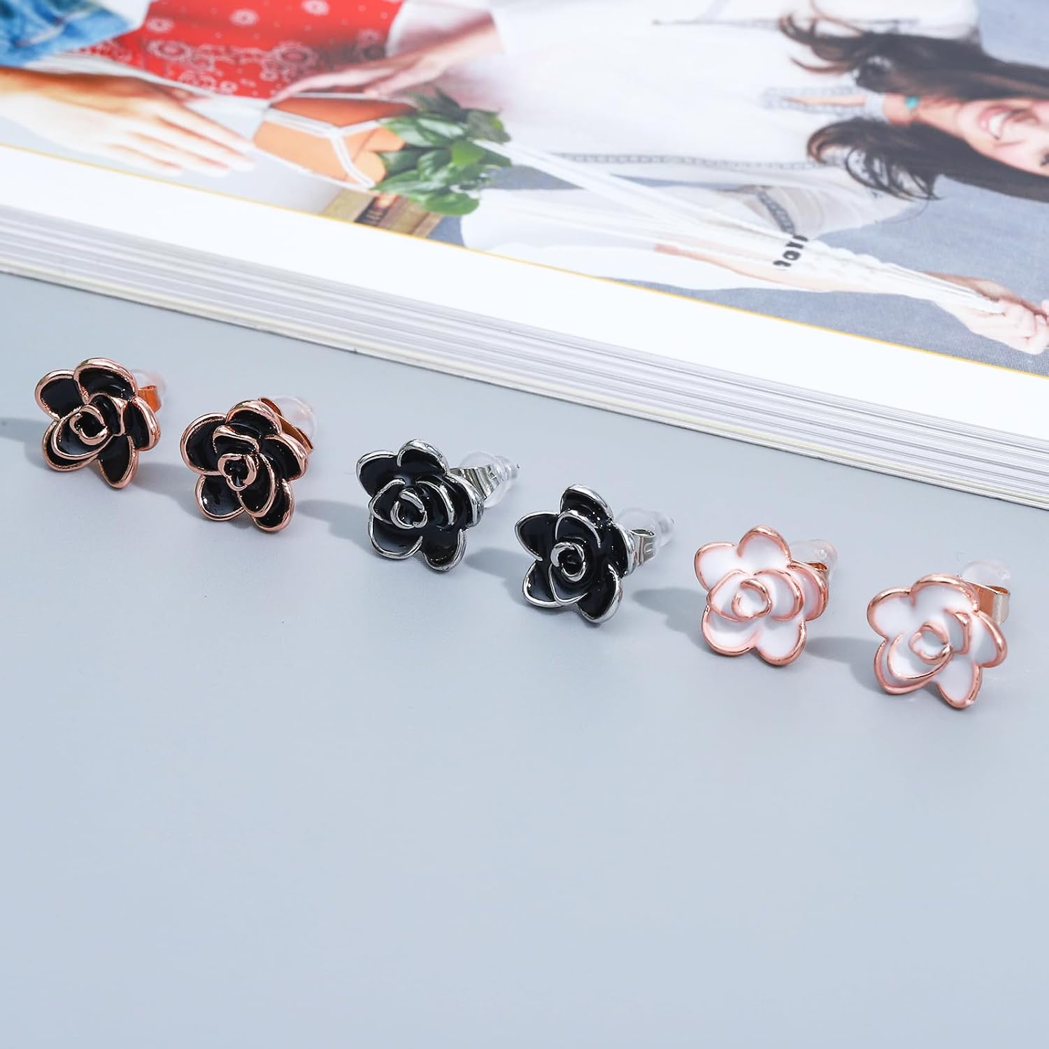 NEWITIN 3 Pairs Flower Earrings for Women Hypoallergenic Earring Cute Ear Studs Cherry Blossom Daisy Rose Flower Stud Earrings for Women