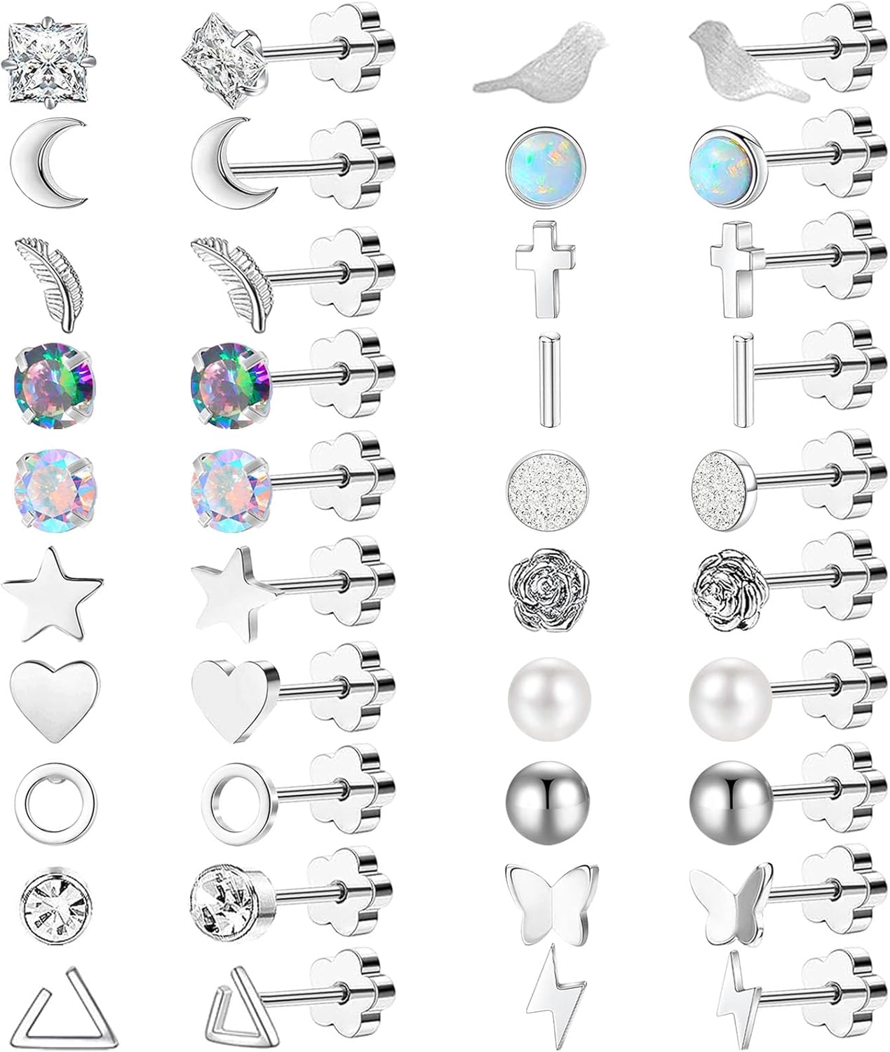 NEWITIN 16 Pairs Screw Back Earrings for Women Hypoallergenic Earring Surgical Steel Stud Earring Flat Back Cubic Zirconia Opal Moonstone Small Stud Earrings for Women