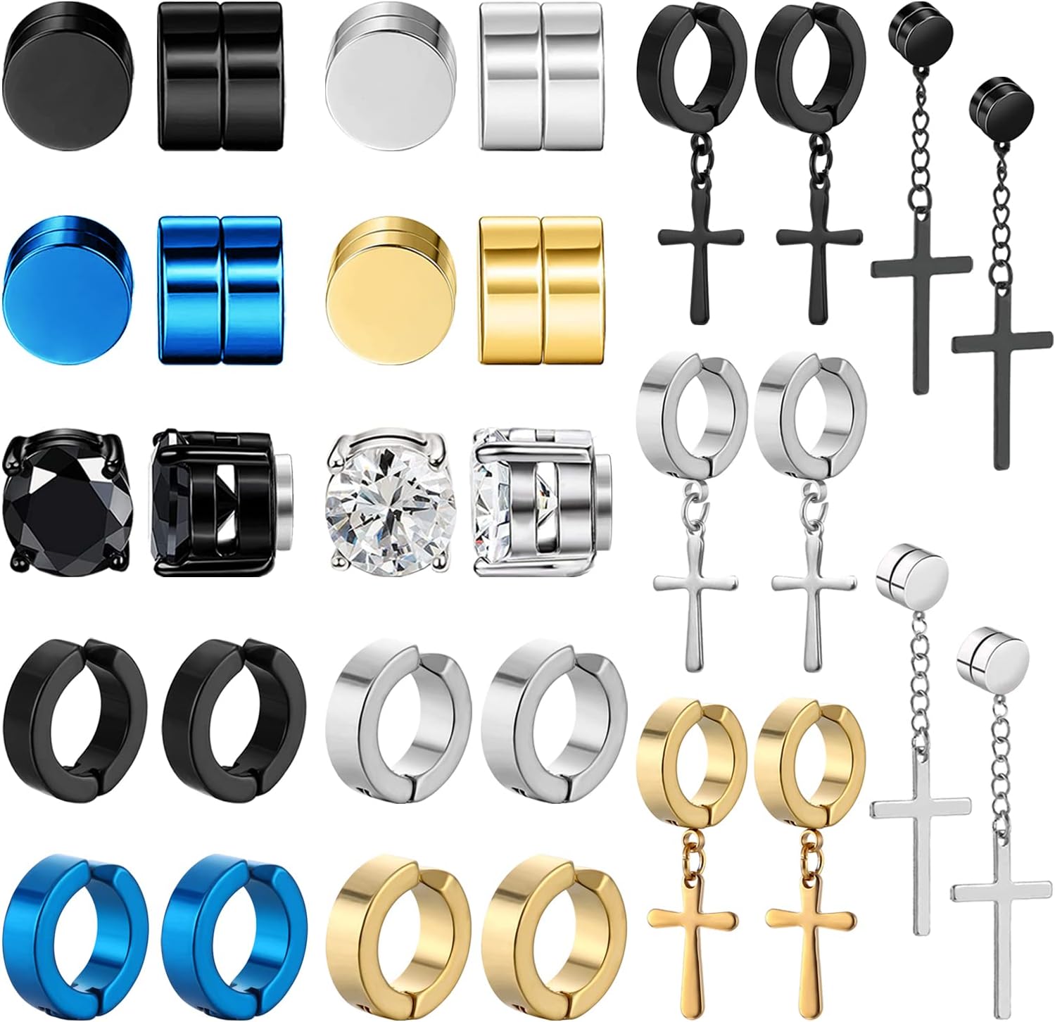 NEWITIN 15 Pairs Magnetic Stud Earrings for Men Clip on Earrings Stainless Steel Magnet Earring Unisex Dangle Cross CZ Hoop Magnetic Stud Earring Set for Men Women