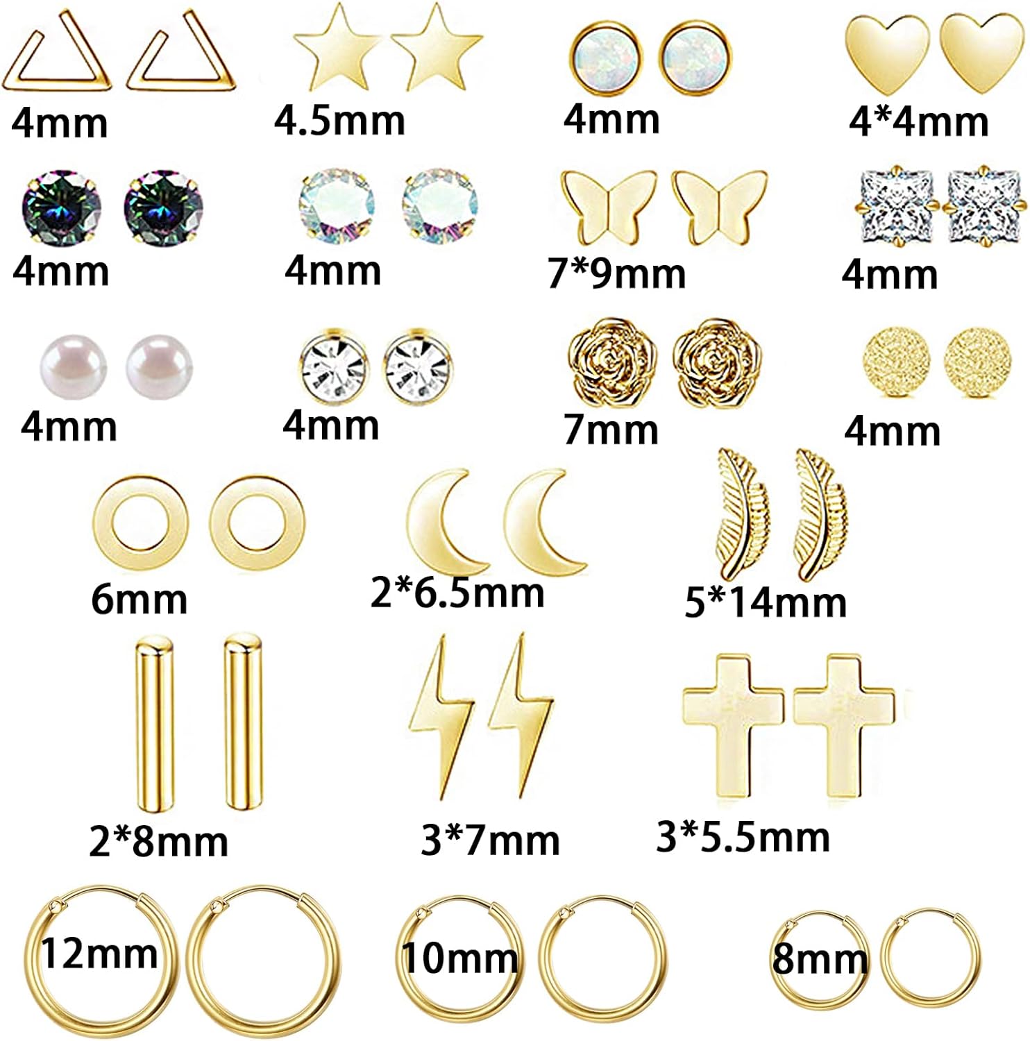 NEWITIN 16 Pairs Screw Back Earrings for Women Hypoallergenic Earring Surgical Steel Stud Earring Flat Back Cubic Zirconia Opal Moonstone Small Stud Earrings for Women