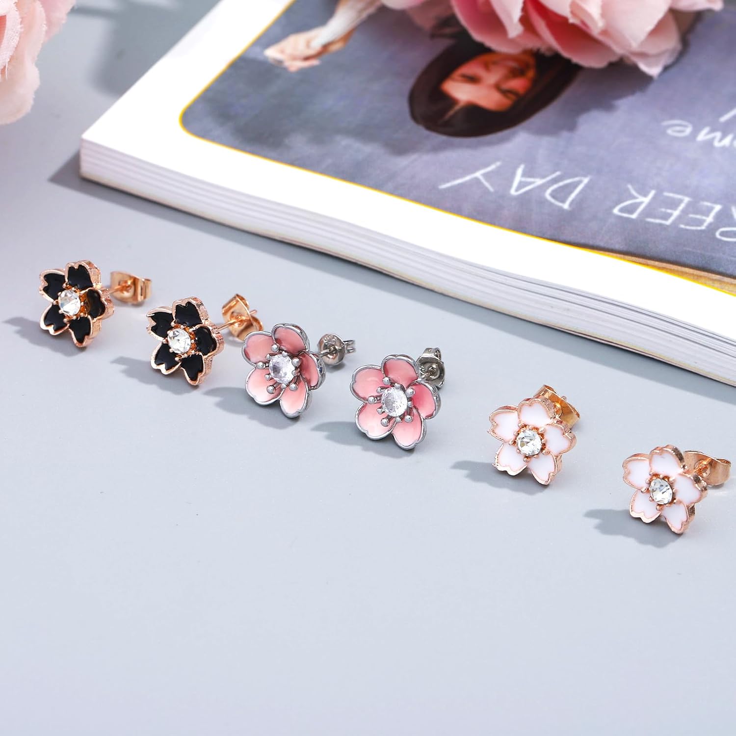 NEWITIN 3 Pairs Flower Earrings for Women Hypoallergenic Earring Cute Ear Studs Cherry Blossom Daisy Rose Flower Stud Earrings for Women