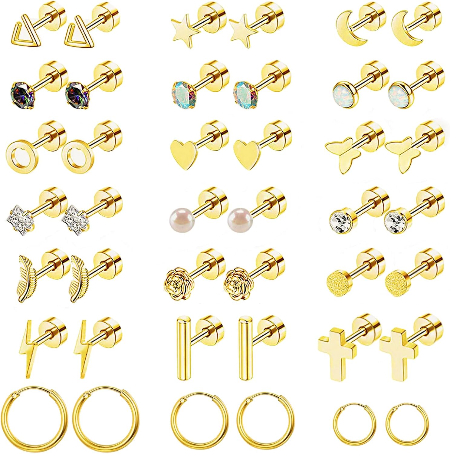 NEWITIN 16 Pairs Screw Back Earrings for Women Hypoallergenic Earring Surgical Steel Stud Earring Flat Back Cubic Zirconia Opal Moonstone Small Stud Earrings for Women