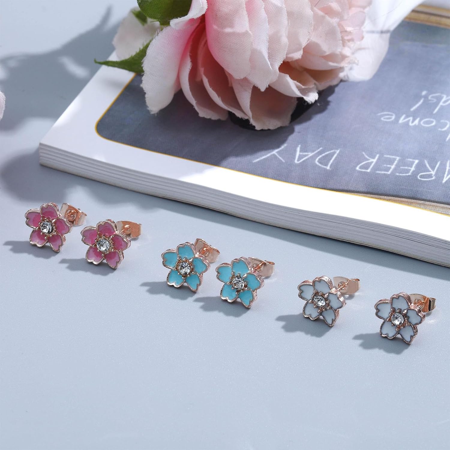 NEWITIN 3 Pairs Flower Earrings for Women Hypoallergenic Earring Cute Ear Studs Cherry Blossom Daisy Rose Flower Stud Earrings for Women