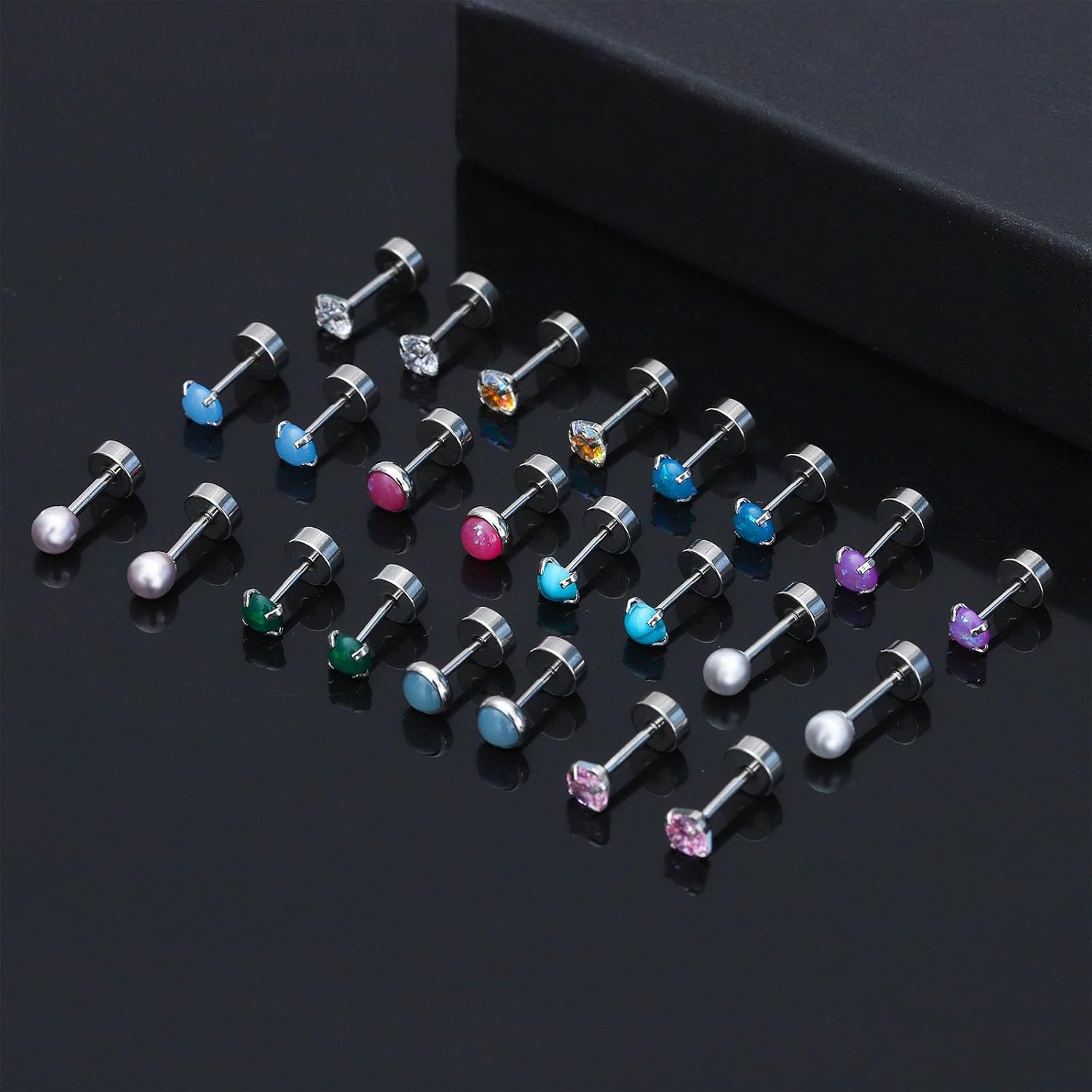 NEWITIN 16 Pairs Screw Back Earrings for Women Hypoallergenic Earring Surgical Steel Stud Earring Flat Back Cubic Zirconia Opal Moonstone Small Stud Earrings for Women