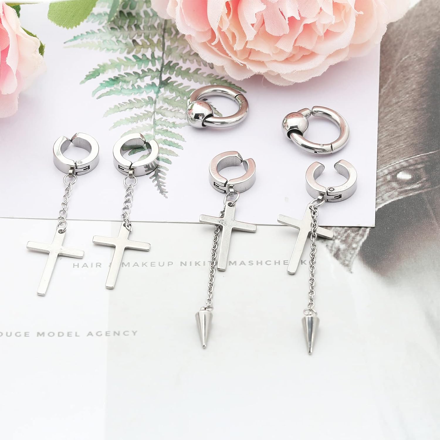 NEWITIN 15 Pairs Magnetic Stud Earrings for Men Clip on Earrings Stainless Steel Magnet Earring Unisex Dangle Cross CZ Hoop Magnetic Stud Earring Set for Men Women