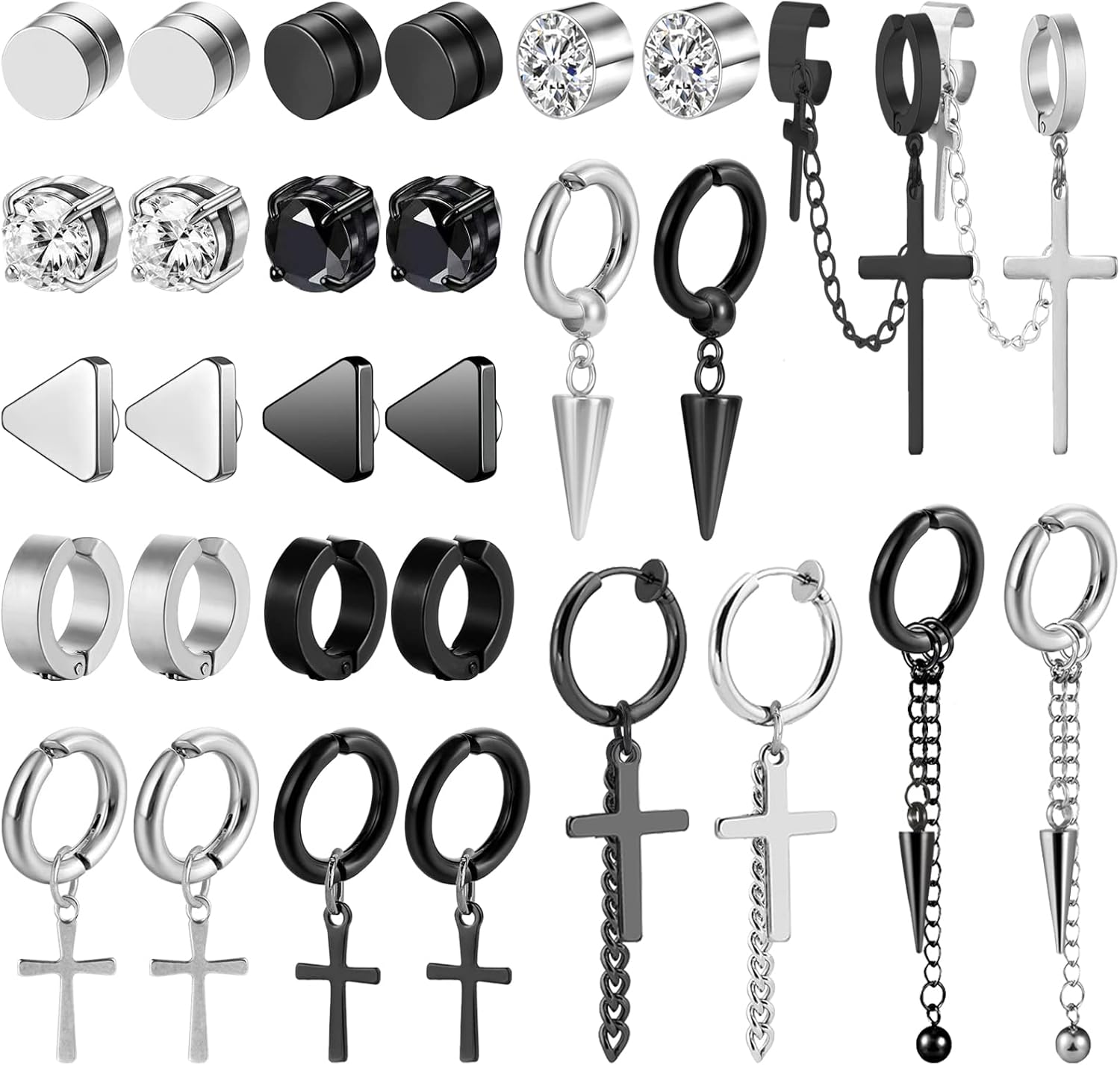 NEWITIN 15 Pairs Magnetic Stud Earrings for Men Clip on Earrings Stainless Steel Magnet Earring Unisex Dangle Cross CZ Hoop Magnetic Stud Earring Set for Men Women