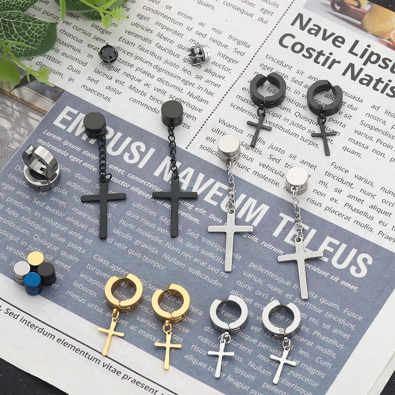 NEWITIN 15 Pairs Magnetic Stud Earrings for Men Clip on Earrings Stainless Steel Magnet Earring Unisex Dangle Cross CZ Hoop Magnetic Stud Earring Set for Men Women