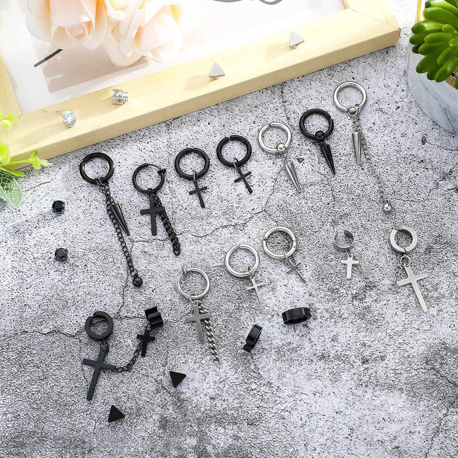 NEWITIN 15 Pairs Magnetic Stud Earrings for Men Clip on Earrings Stainless Steel Magnet Earring Unisex Dangle Cross CZ Hoop Magnetic Stud Earring Set for Men Women